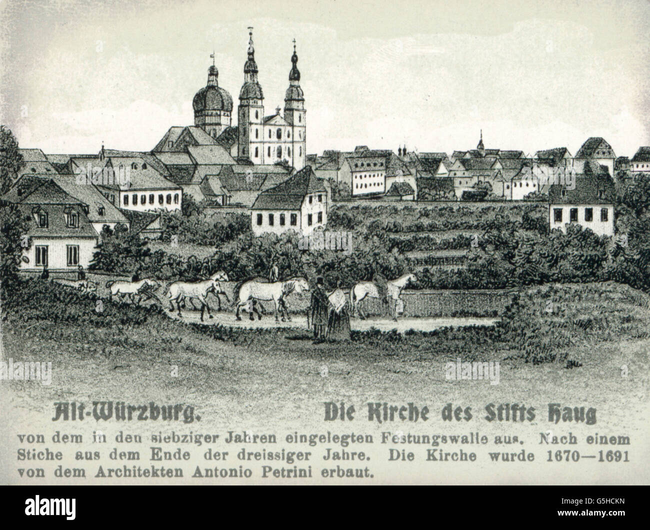 geography / travel, Germany, Wuerzburg, view with of the church of the abbey Haug, drawing after engraving by 1830, Additional-Rights-Clearences-Not Available Stock Photo