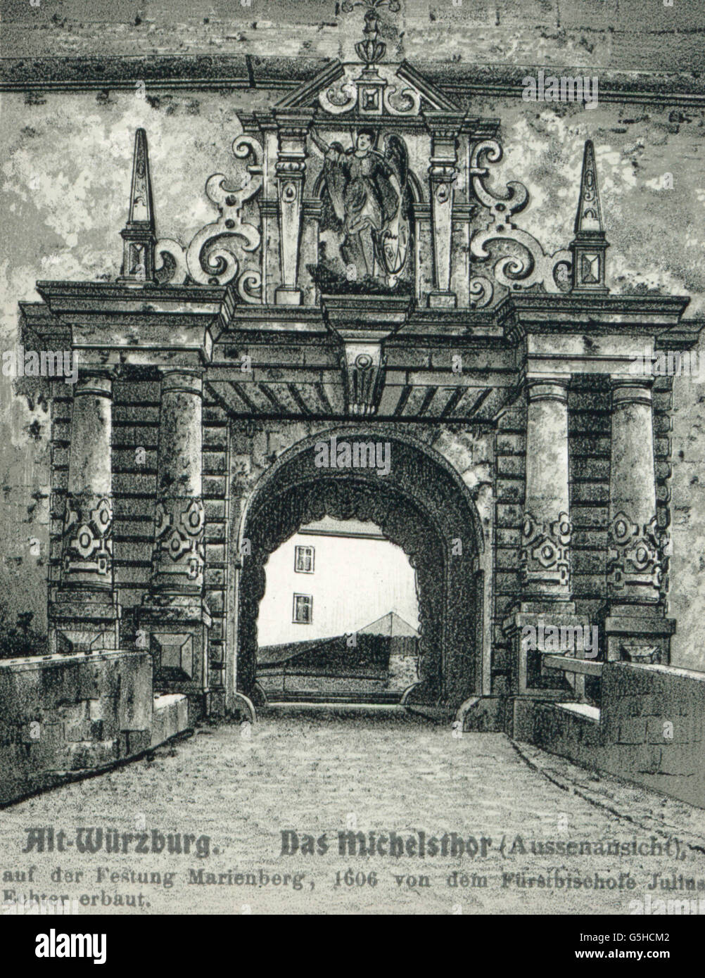 geography / travel, Germany, Wuerzburg, fortress Marienberg, Michelstor, exterior view, drawing, postcard, publisher Gustav Erdmann, late 19th century, gate, gates, doorway, series Alt-Würzburg, Lower Franconia, Kingdom of Bavaria, Central Europe, fortress, fortresses, postcard, postal card, postcards, postal cards, publisher, publishers, historic, historical, Wuerzburg, Würzburg, Wurzburg, Additional-Rights-Clearences-Not Available Stock Photo