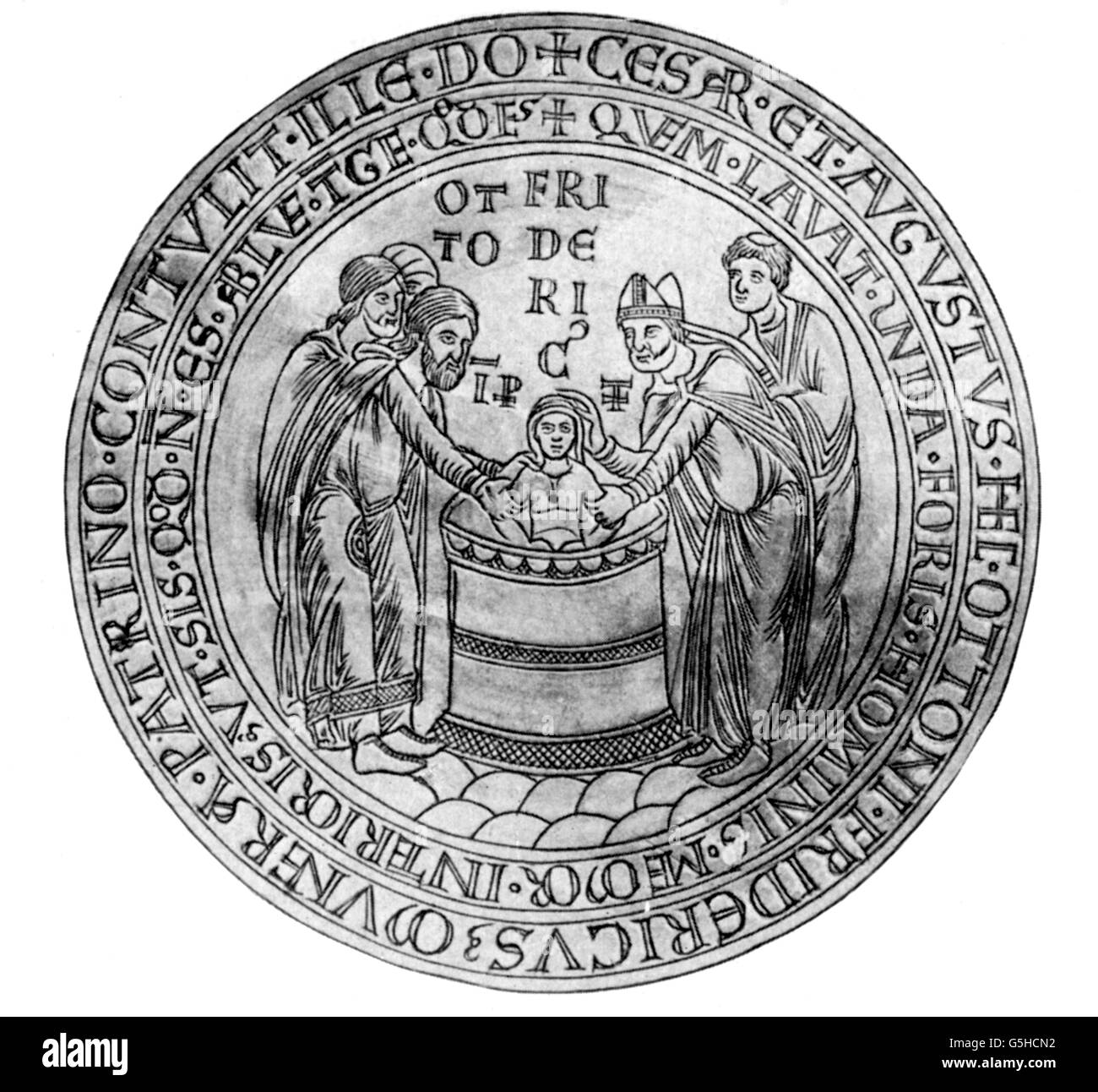 Frederick I 'Barbarossa', circa 1123 - 10.6.1190, Holy Roman Emperor 18.6.1155 - 10.6.1190, baptism, cranny drawing, christening bowl from the possession of Odo of Cappenberg, wood engraving, 19th century, Stock Photo