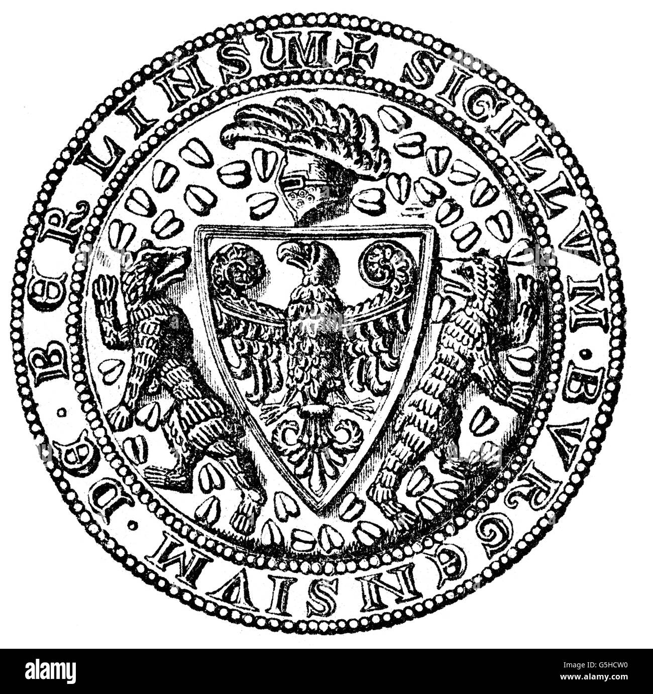 heraldry, coat of arms, city arms, Germany, Berlin, seal, 1280 - um 1335, legend: 'Sigillum burgensium de berlin sum', wood engraving, 19th century, Additional-Rights-Clearences-Not Available Stock Photo