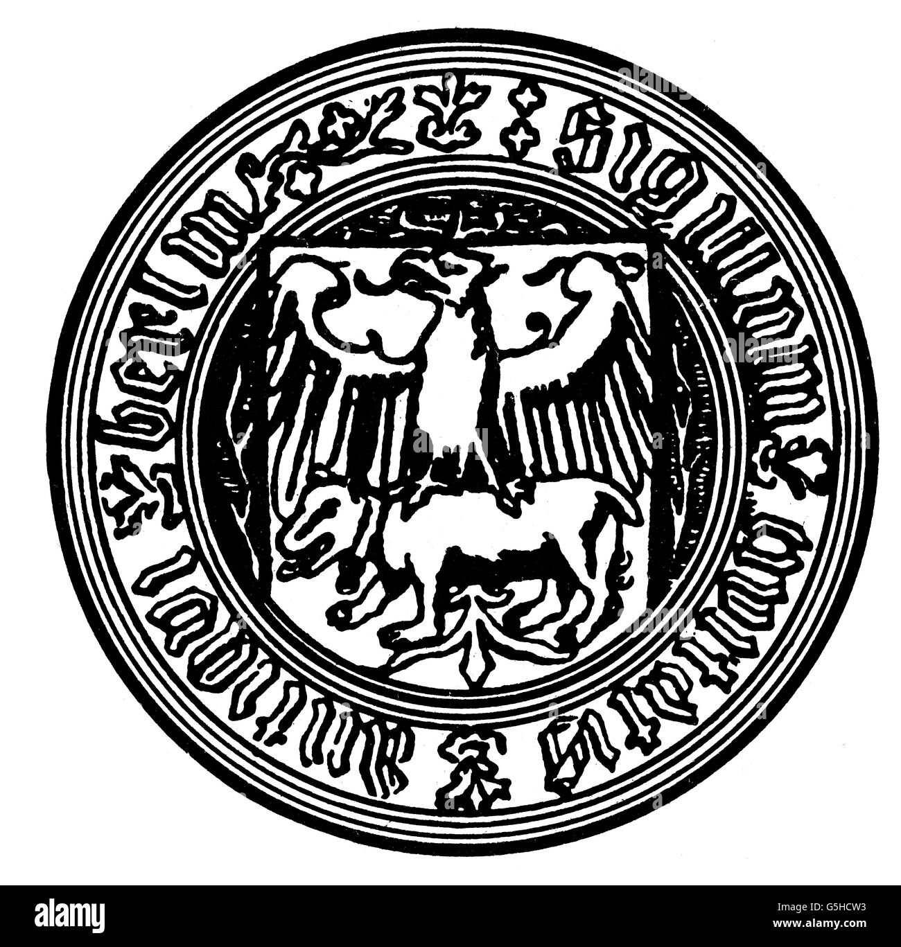 heraldry, coat of arms, city arms, Germany, Berlin, seal, 1450 - 1709, legend: 'sigillum civitatis antiqui berlin', wood engraving, 19th century, Additional-Rights-Clearences-Not Available Stock Photo