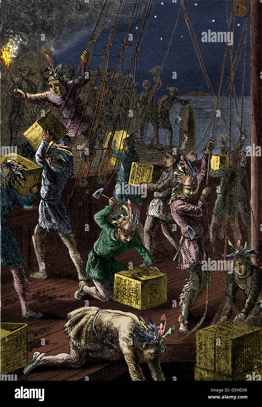 geography / travel, USA, politics, Boston Tea Party, colonists dresses as Indians throwing tea into the harbour, Boston, 16.12.1773, wood engraving, 19th century, later coloured, Additional-Rights-Clearences-Not Available Stock Photo