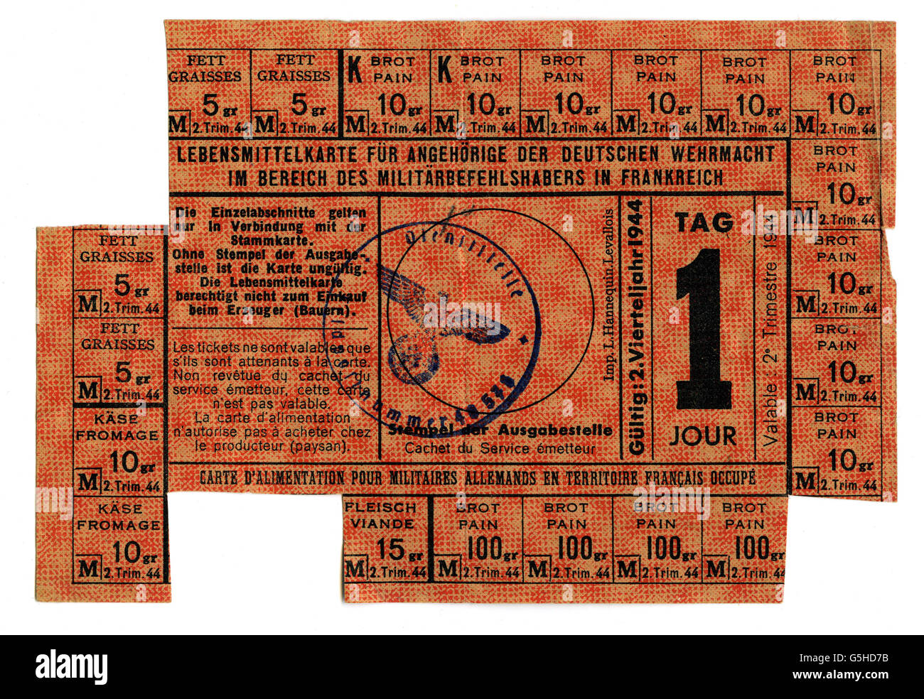 events, Second World War / WWII, France, German occupation, ration card for German army personnel stationed in occupied France, 1944, Additional-Rights-Clearences-Not Available Stock Photo