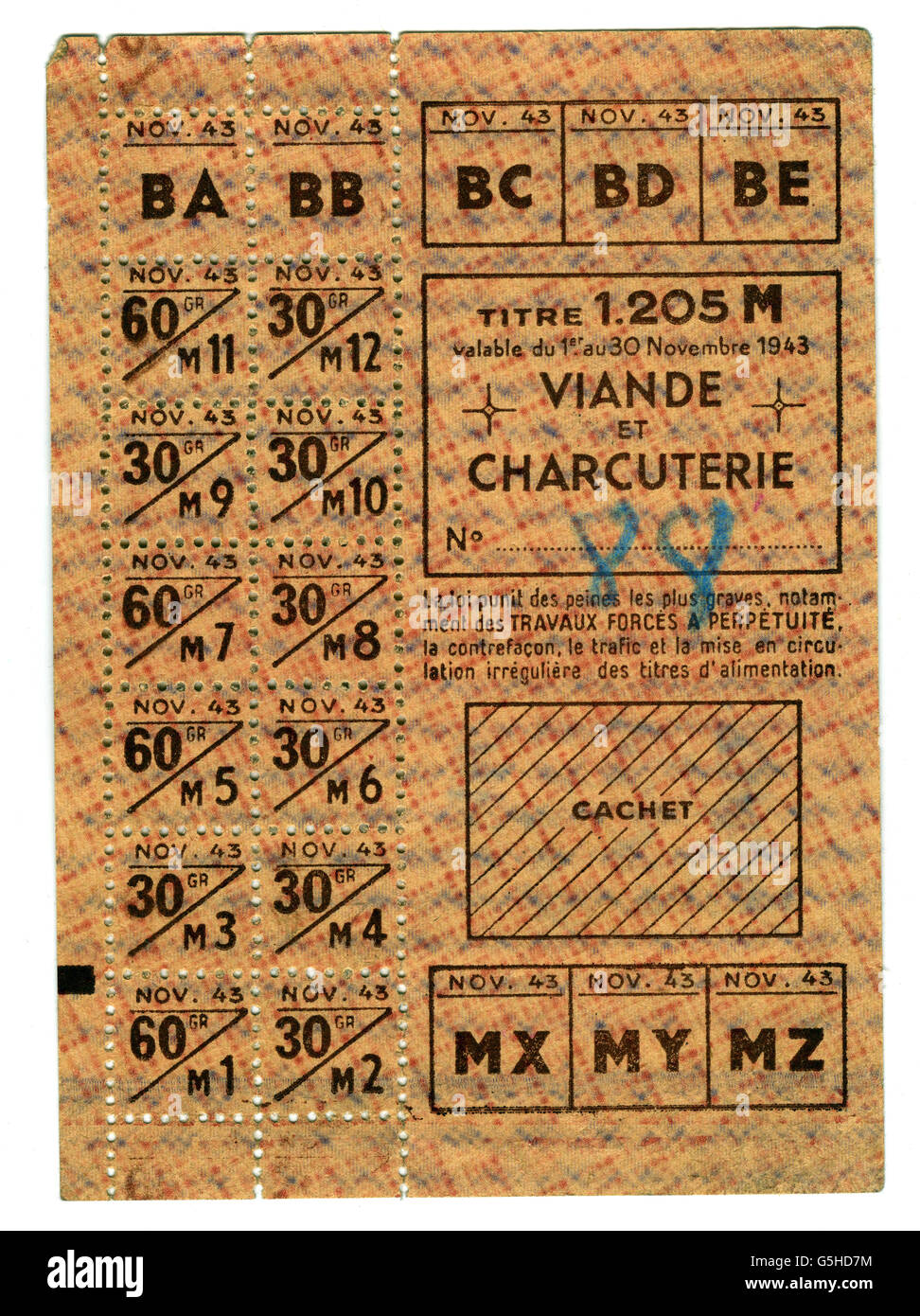 events, Second World War / WWII, France, German occupation, ration card for meat and sausage products, November 1943, Additional-Rights-Clearences-Not Available Stock Photo