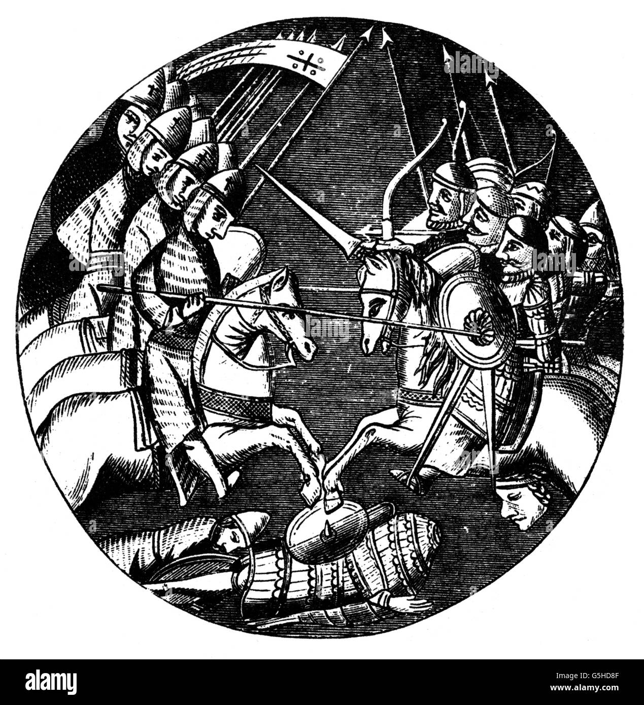 Middle Ages, crusades, battle between crusaders and Muslim cavalry, wood engraving, 19th century, after a glass painting in a French church, 11th century, warrior, warriors, war, wars, crusade, crusader, crusaders, knight, knights, fights, fighting, fight, battling, battle, rider, riders, cavalryman, cavalrymen, cavalry, cavalries, shield, shields, sword, swords, horse, horses, medieval, mediaeval, military, historic, historical, flag, people, Additional-Rights-Clearences-Not Available Stock Photo