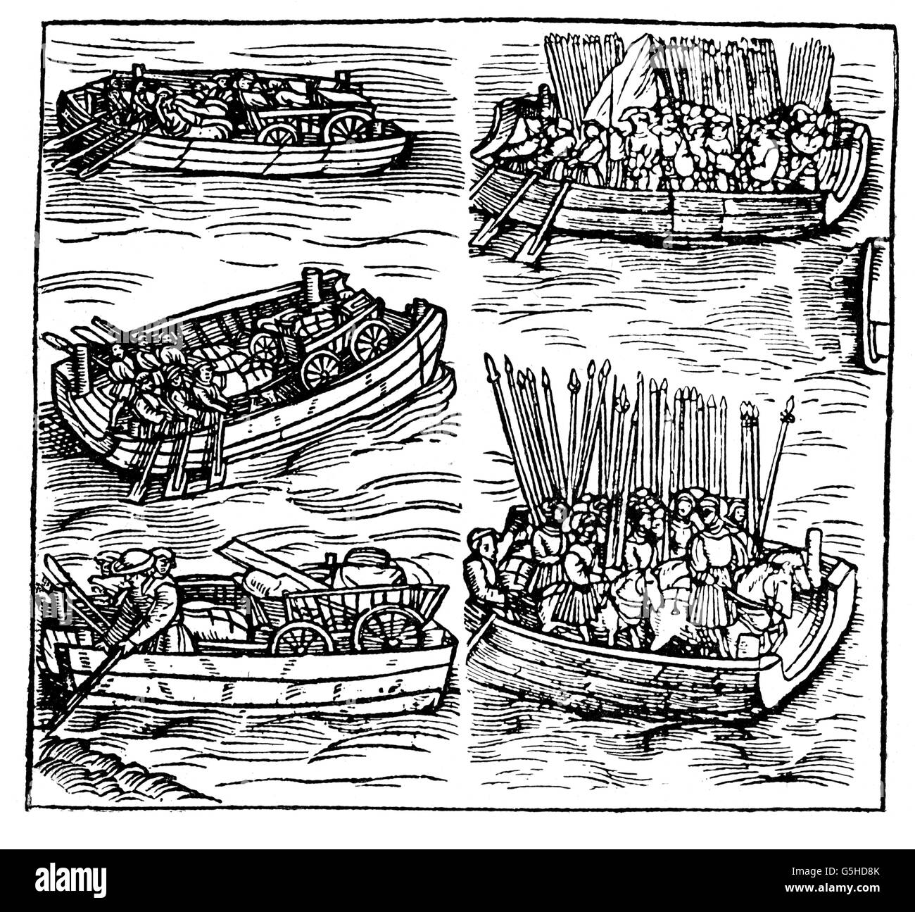 Middle Ages, wars, Knights' Revolt of 1522/1523, soldiers crossing a river, woodcut, illustration from a contemporary account by Caspar Sturm, 1523, 16th century, military, Germany, warrior, warriors, soldiers, soldier, boat, boats, cart, carts, equipment, Franz von Sickingen, war, wars, historic, historical, knight, knights, wagon, wagons, medieval, people, Additional-Rights-Clearences-Not Available Stock Photo