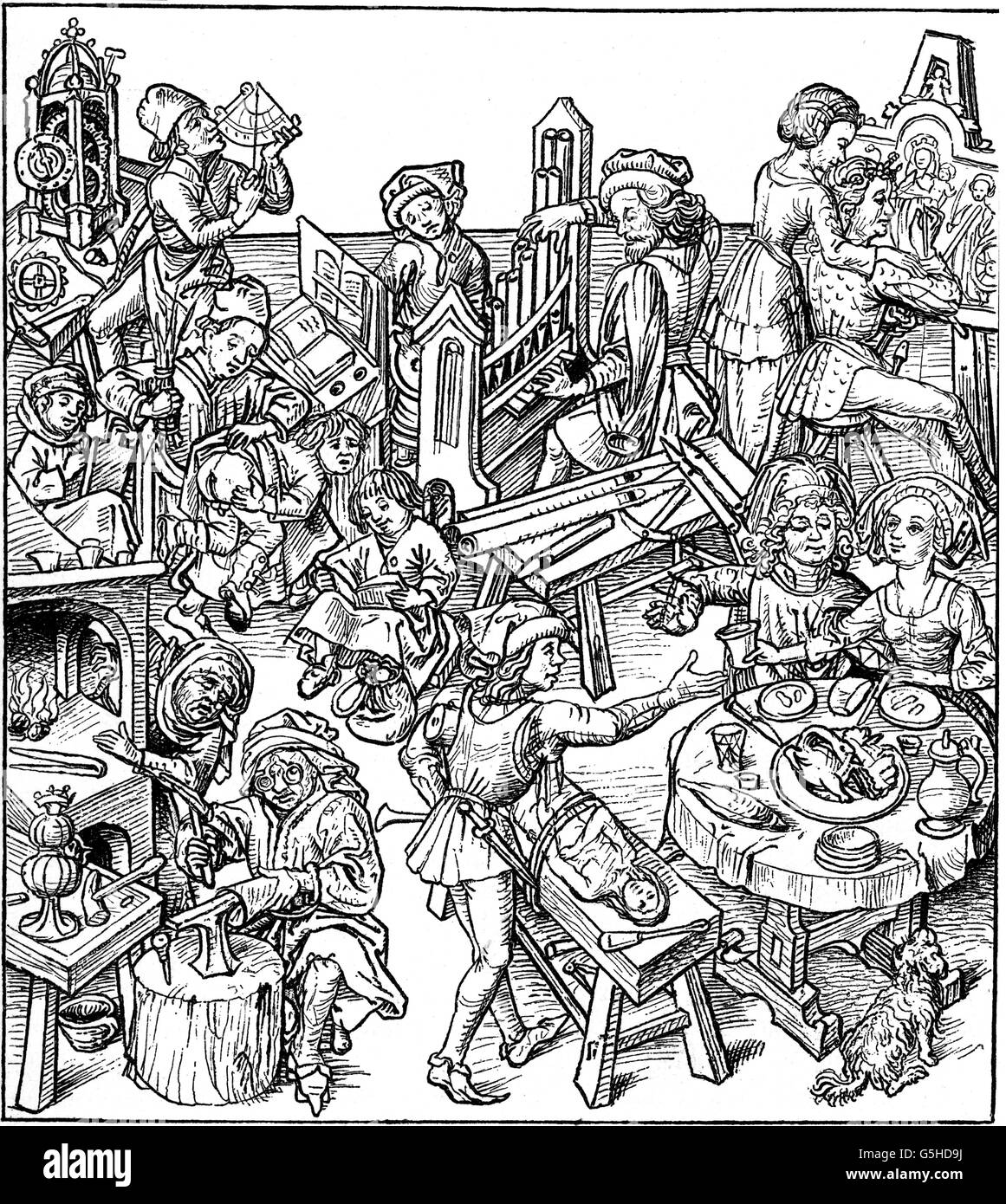 Middle Ages, people, mediaeval middle-class life, woodcut, illustration from 'Mittelalterliches Hausbuch', late 15th century, Additional-Rights-Clearences-Not Available Stock Photo