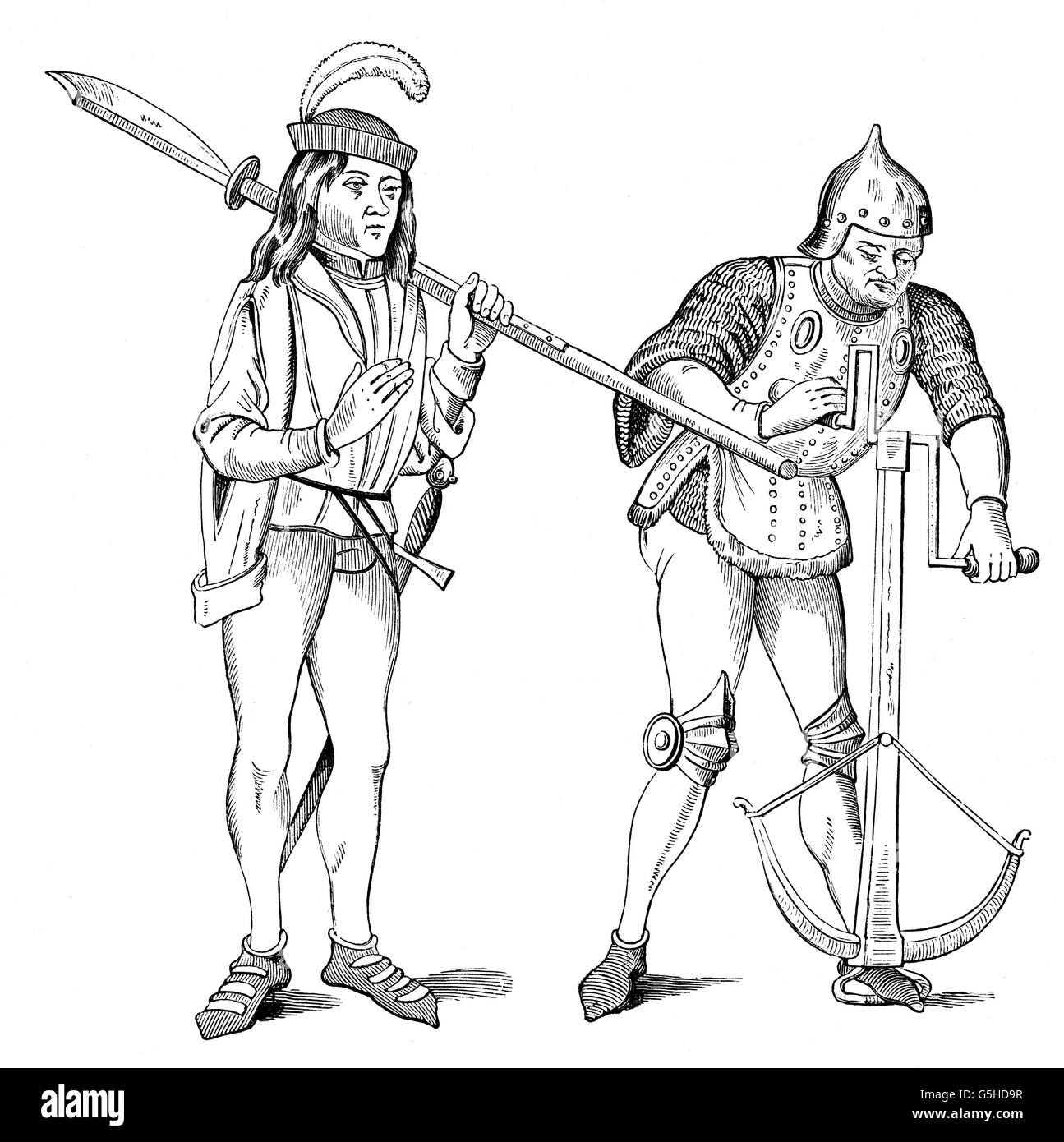 military, Middle Ages, soldiers, left: squire with bill (polearm), right: crossbowman, wood engraving after illustrations from manuscripts, 15th century, France, soldiers, soldier, sword, swords, arm, drawing, bending, helmet, helmets, suit of armour, crossbow, crossbows, weapon, weapons, arms, medieval, mediaeval, historic, historical, people, Additional-Rights-Clearences-Not Available Stock Photo