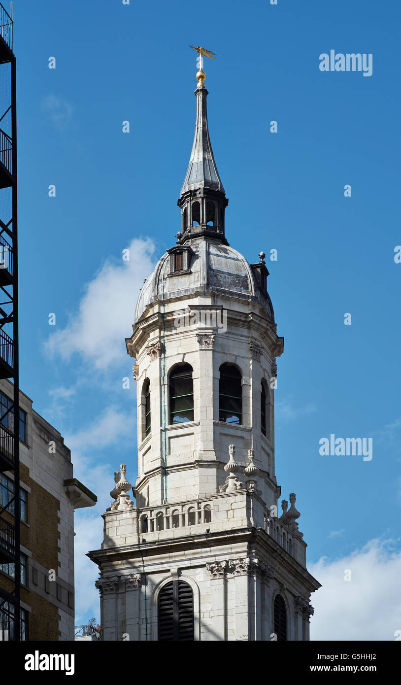 St Magnus the Martyr church in the City of London, the tower and steeple by Chrisopher Wren and Robert Hooke. Stock Photo