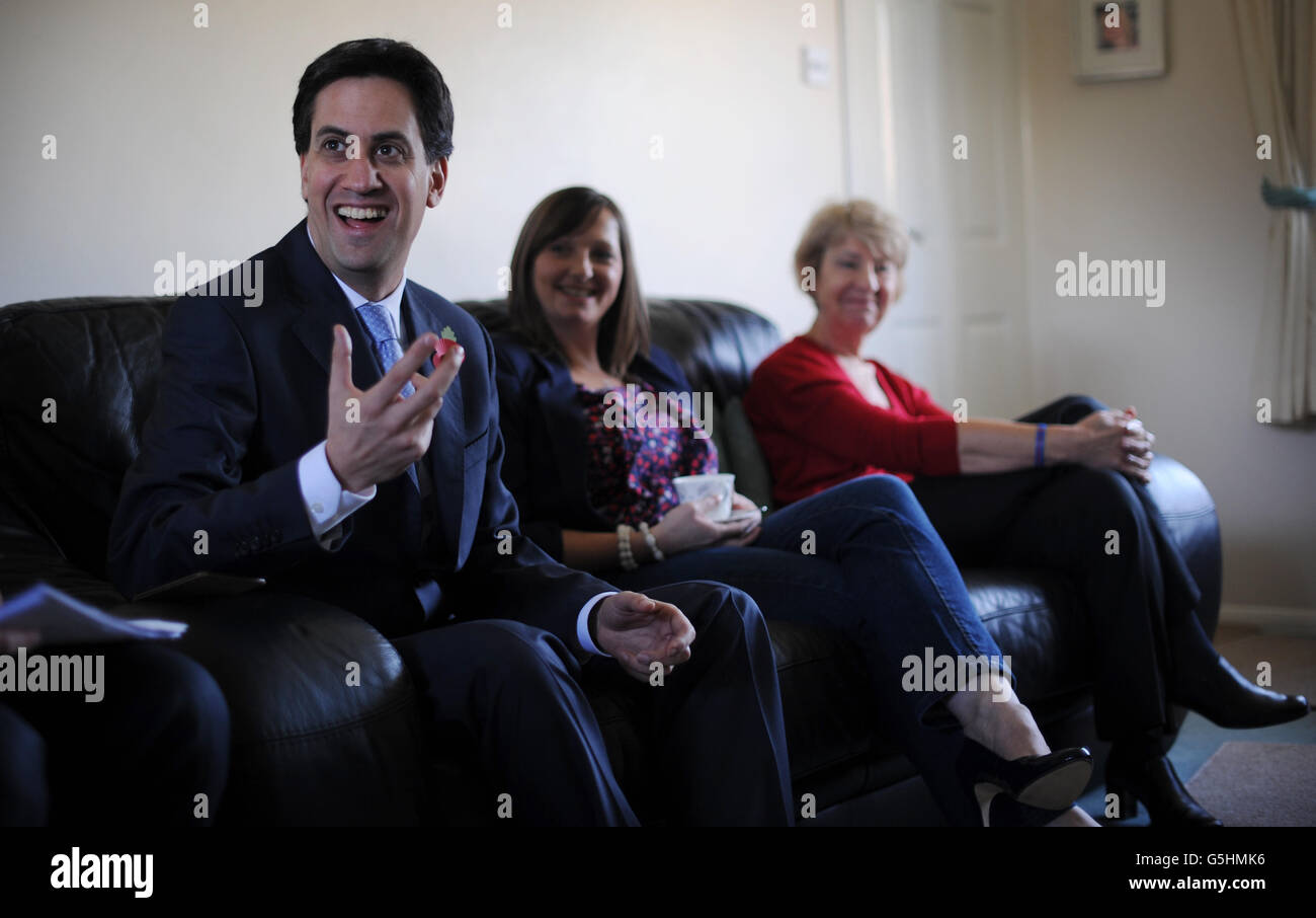 Labour leader Ed Miliband speaks with voters in Corby, Northamptonshire, whilst canvassing ahead of the forthcoming Corby by-election on November 15. Stock Photo