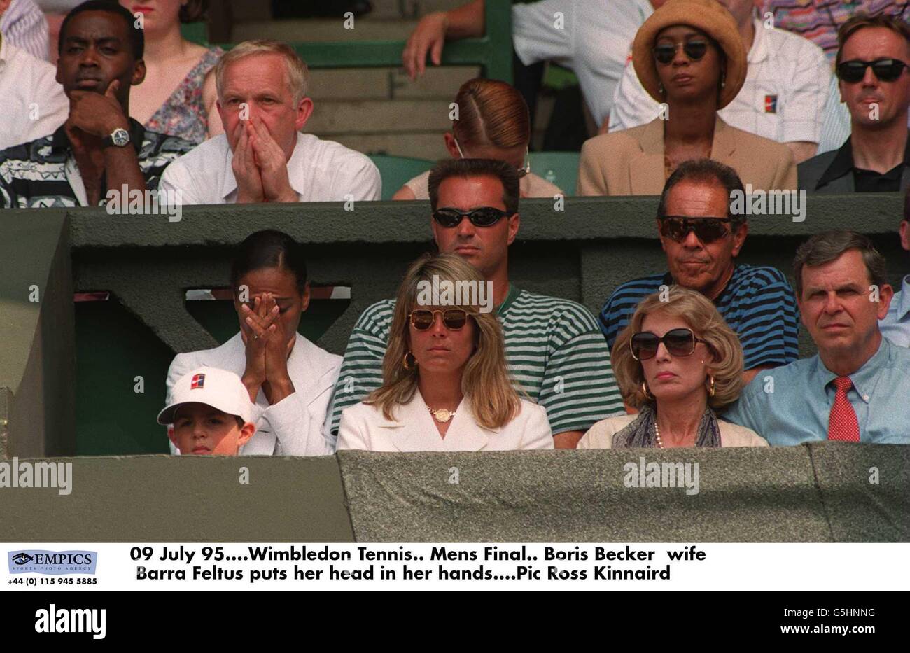 09 July 95. Wimbledon Tennis. Mens Final. Boris Becker wife Barra Feltus puts her head in her hands Stock Photo