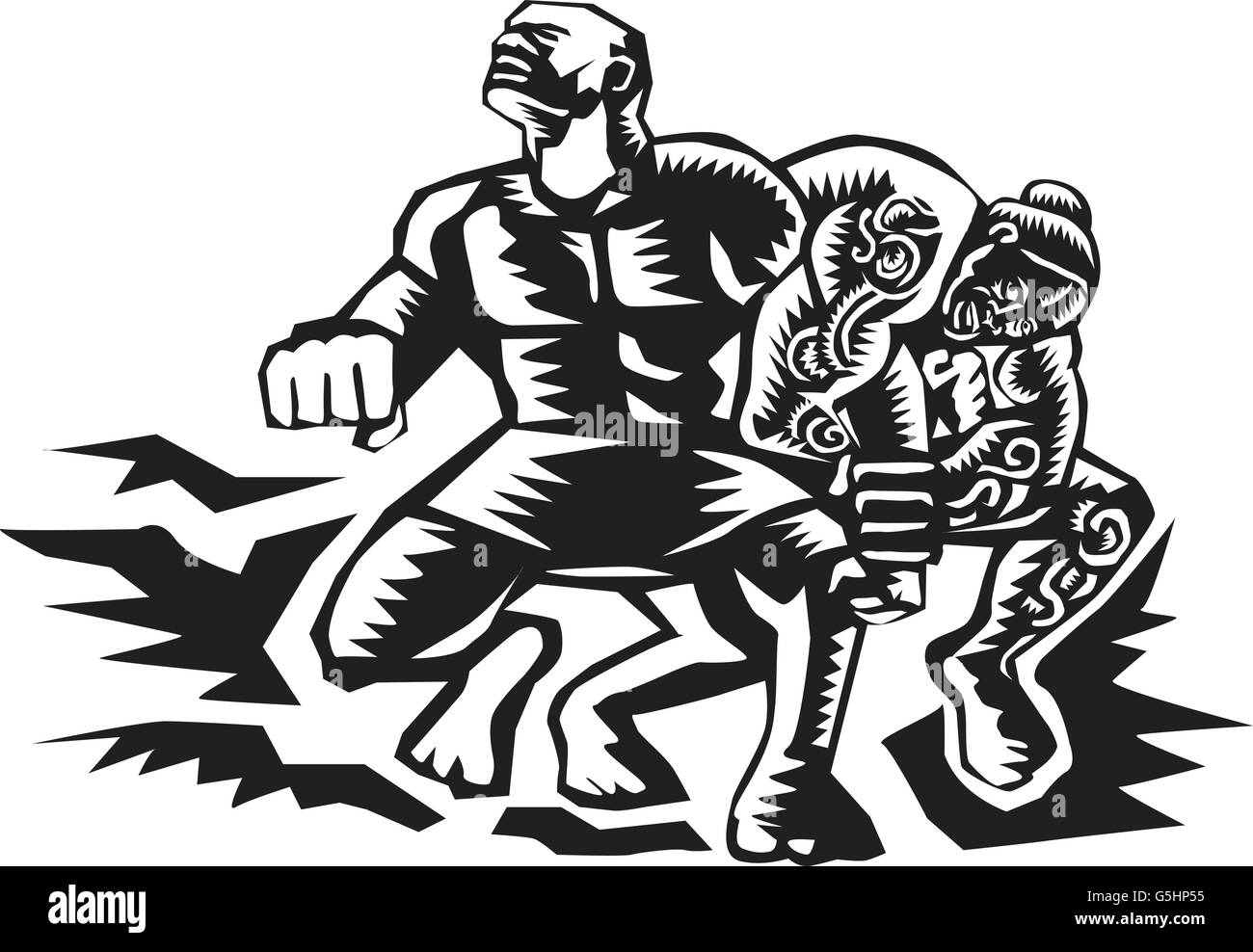 Illustration of Samoan legendTiitii wrestling the God of Earthquake and breaking his arm done in retro woodcut style. Stock Vector