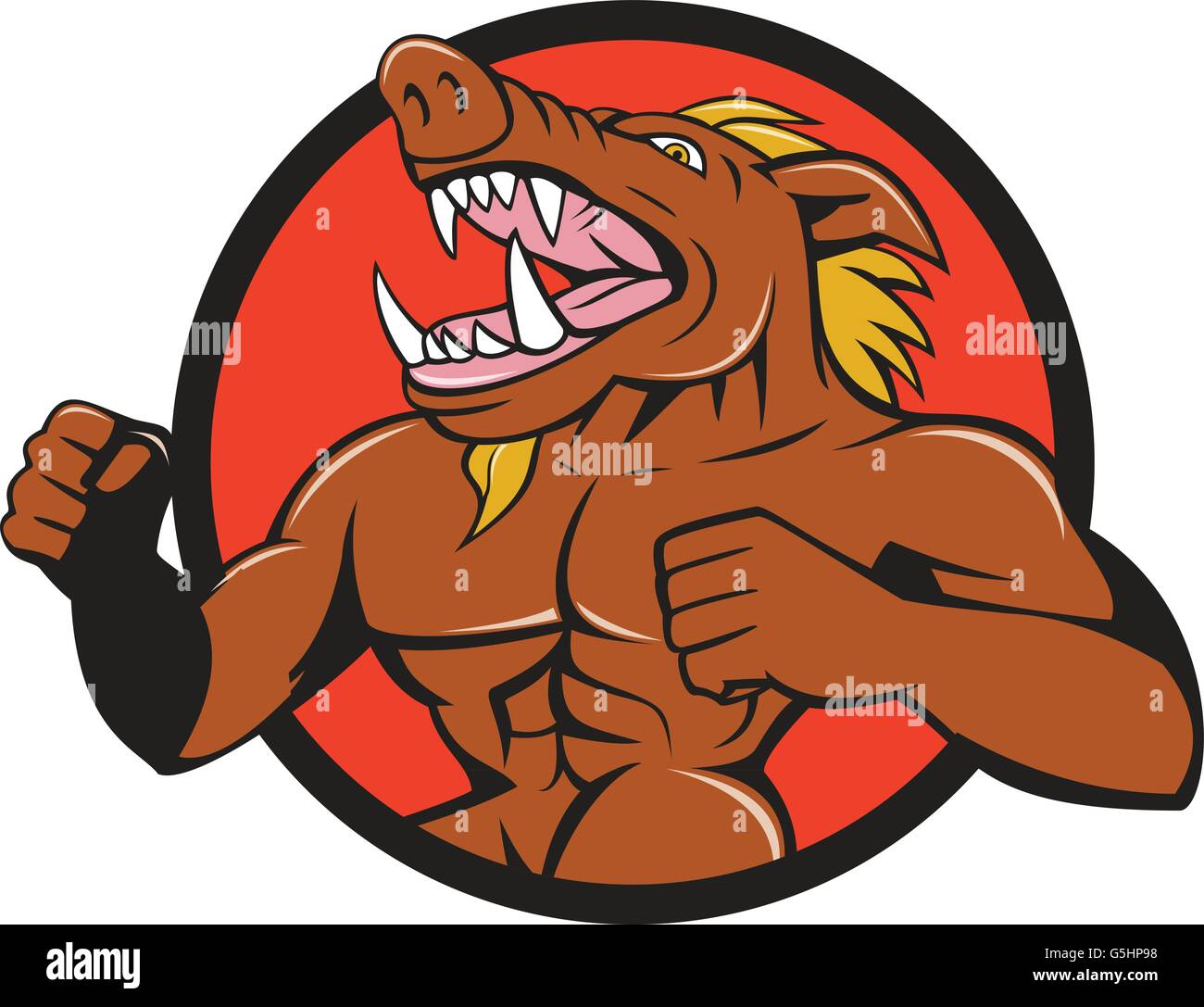 Illustration of an angry wild boar with a man's body roaring pumping chest looking to the side set inside circle done in cartoon style. Stock Vector