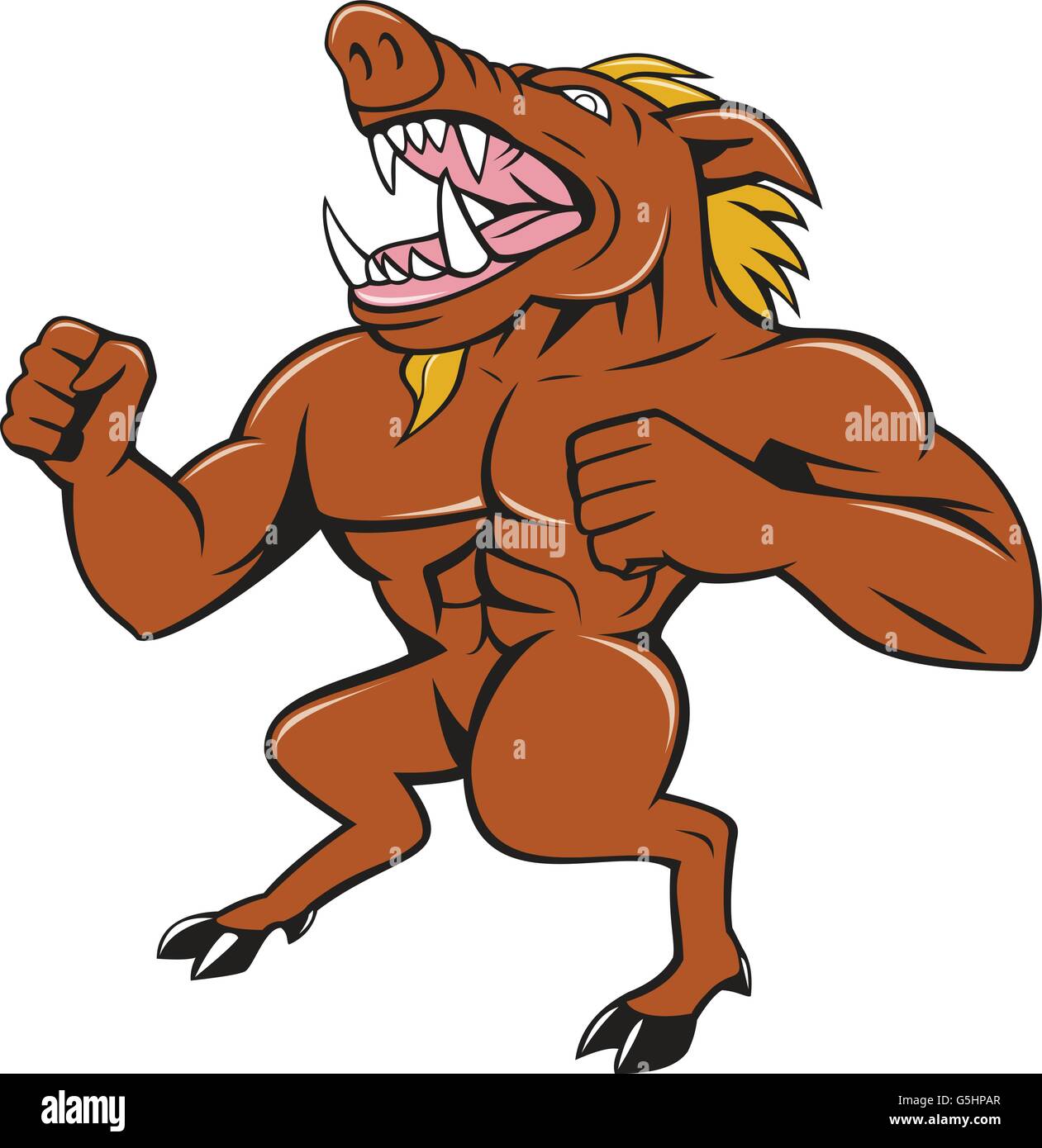 Illustration of an angry wild boar standing with a man's body and boar's feet roaring pumping chest looking to the side set inside on isolated white background done in cartoon style. Stock Vector