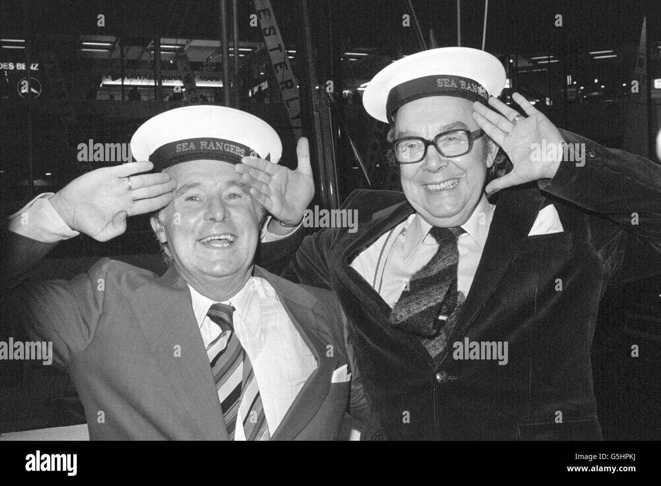 Comedians Ernie Wise, left, and Eric Morecambe go nautical for the day at Earl's Court in London, where they were opening the 27th London International Boat Show Stock Photo