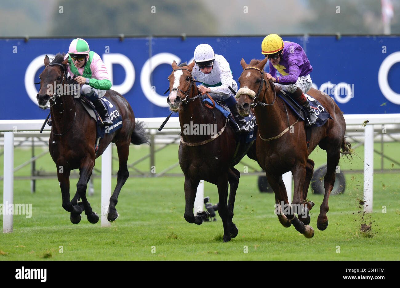 Rite Of Passage ridden by Pat Smullen (right) winners of The Qipco British Champions Long Distance Cup (class 1) (Group 3) from Aiken ridden by William Buick (centre) and Fame and Glory ridden by Jamie Spencer (left) during QIPCO British Champions Day at Ascot Racecourse, Ascot. Stock Photo