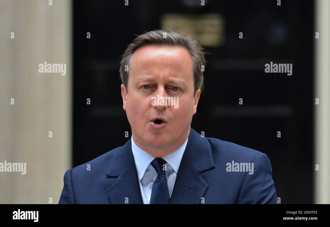 Prime Minister David Cameron delivers an EU referendum related speech in Downing Street, London. Stock Photo