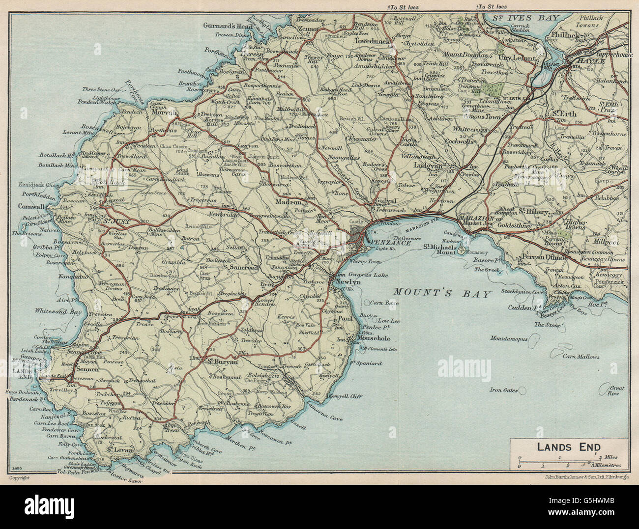 LANDS END. Vintage map plan. Penzance Marazion Hayle. Cornwall, 1930