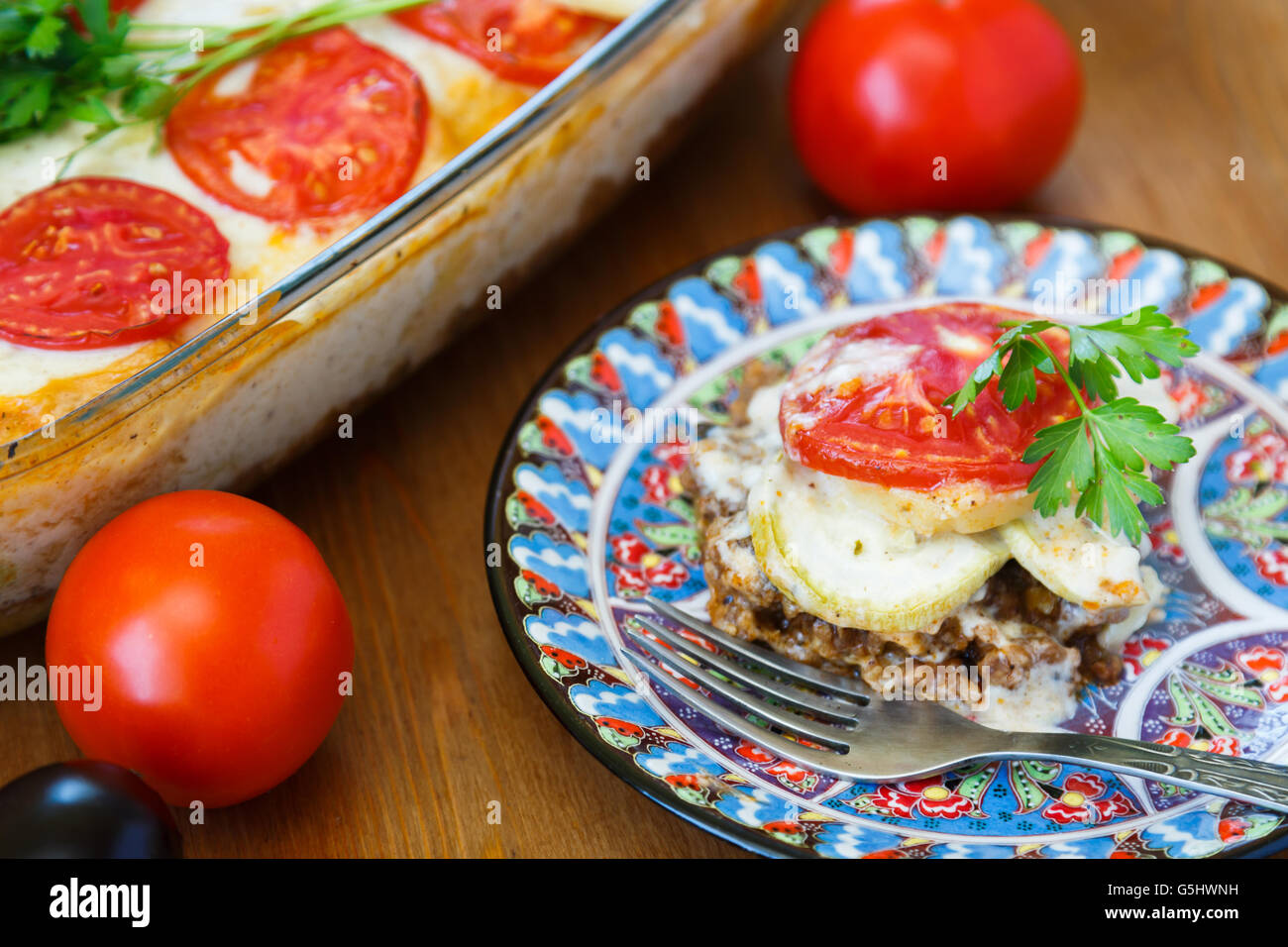 Moussaka dish with aubergine and meat, greek meal Stock Photo Alamy