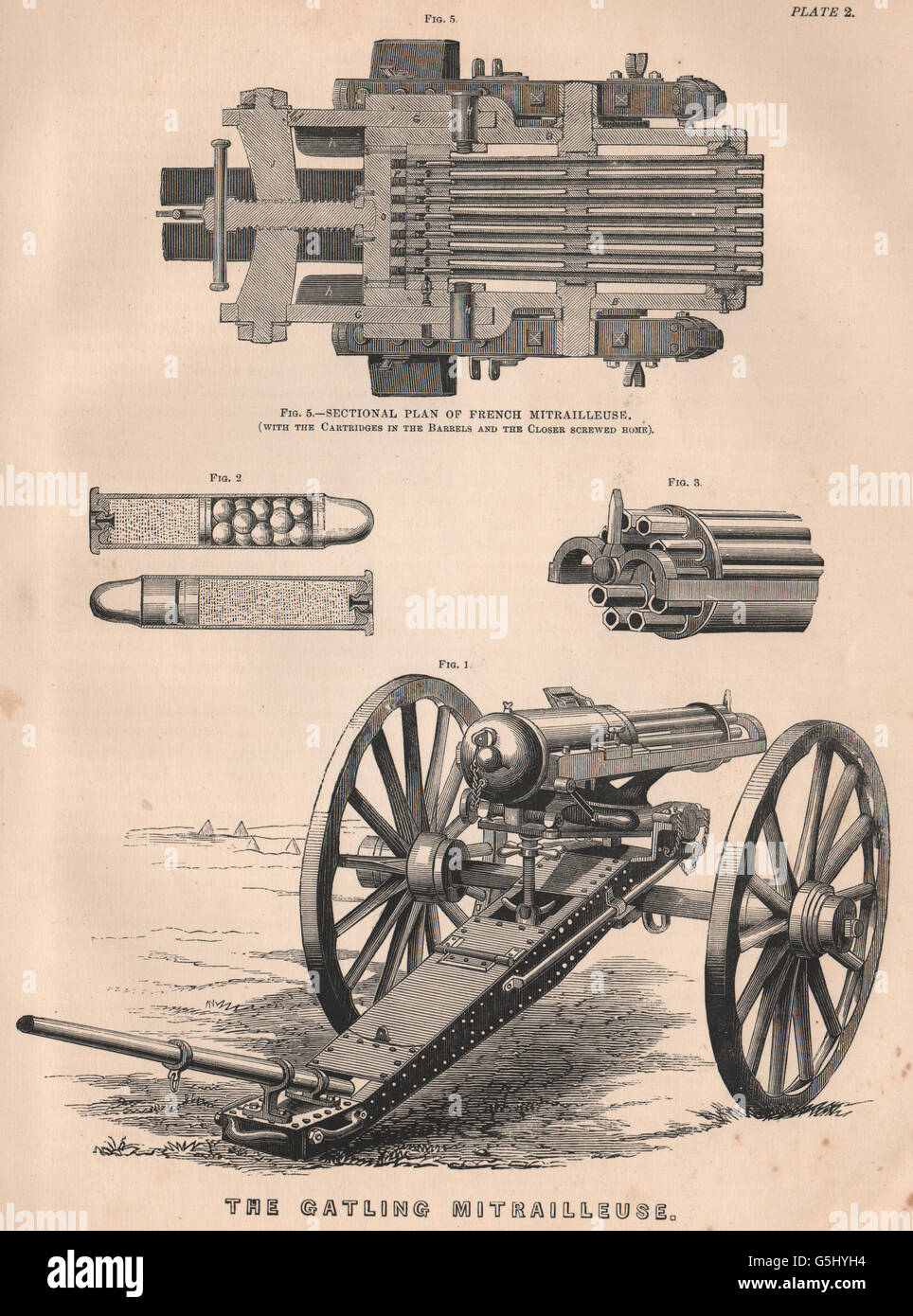 FRANCO-PRUSSIAN WAR: The Gatling Mitrailleuse. Militaria, antique print 1875 Stock Photo