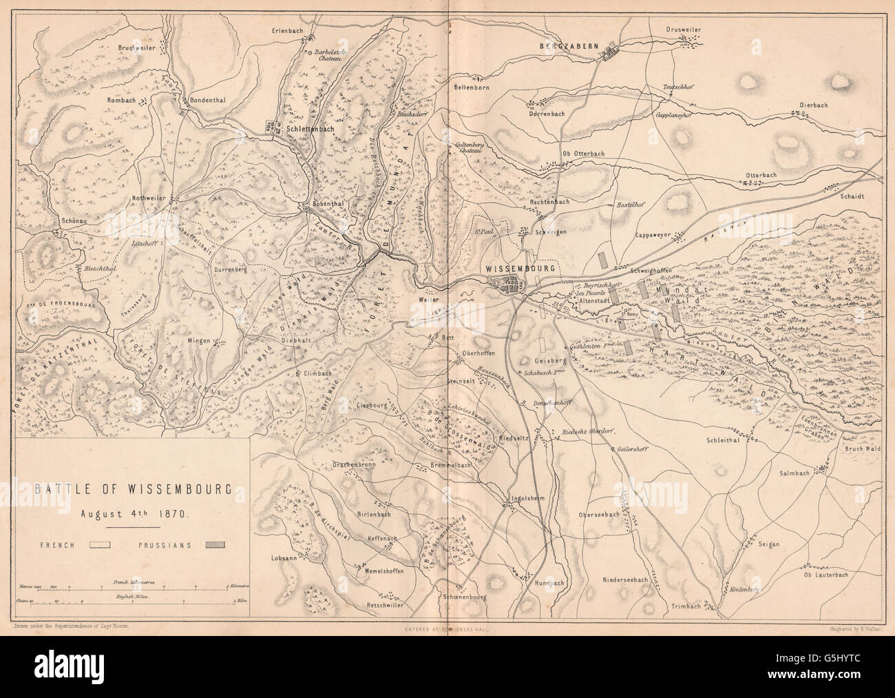 FRANCO-PRUSSIAN WAR:Battle of Wissembourg 1870.Bergzabern Schlettenbach 1875 map Stock Photo