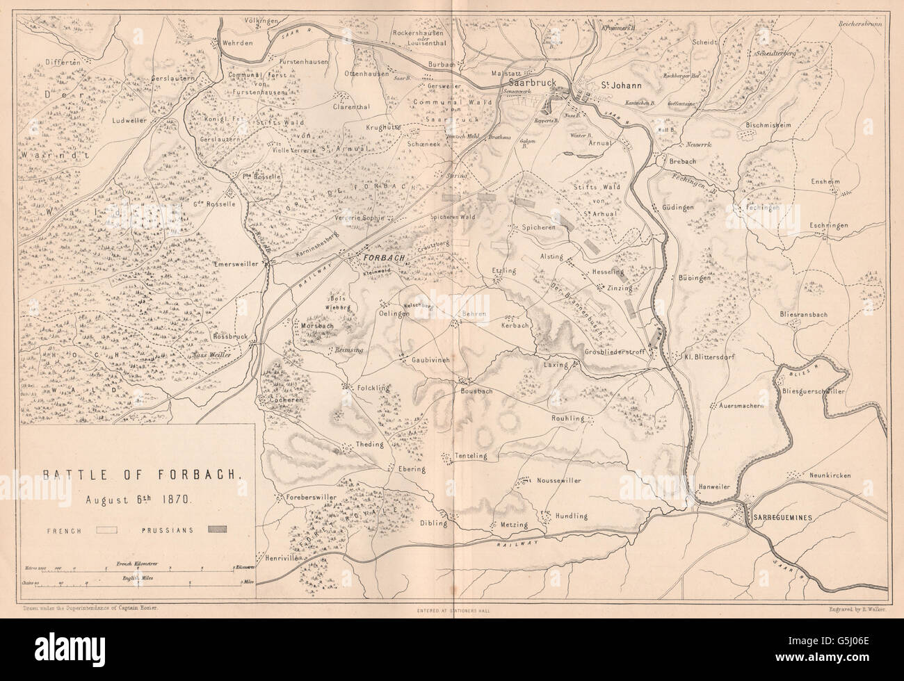 FRANCO-PRUSSIAN WAR: Battle of Forbach Aug 6 1870. Saarbrücken. Moselle 1875 map Stock Photo