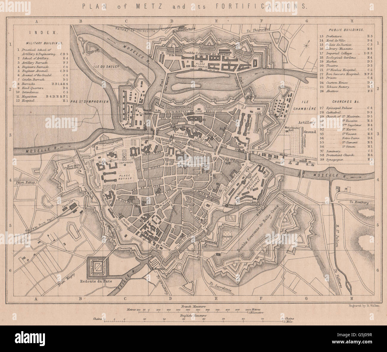 FRANCO-PRUSSIAN WAR: Plan of Metz and its Fortifications. Moselle, 1875 map Stock Photo