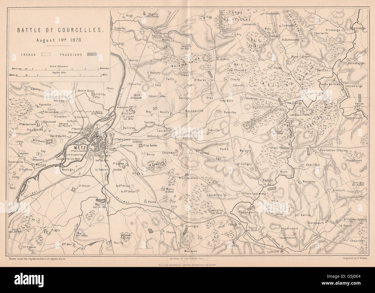 FRANCO-PRUSSIAN WAR: Battle of Courcelles (Borny–Colombey) 1870. Metz, 1875 map Stock Photo