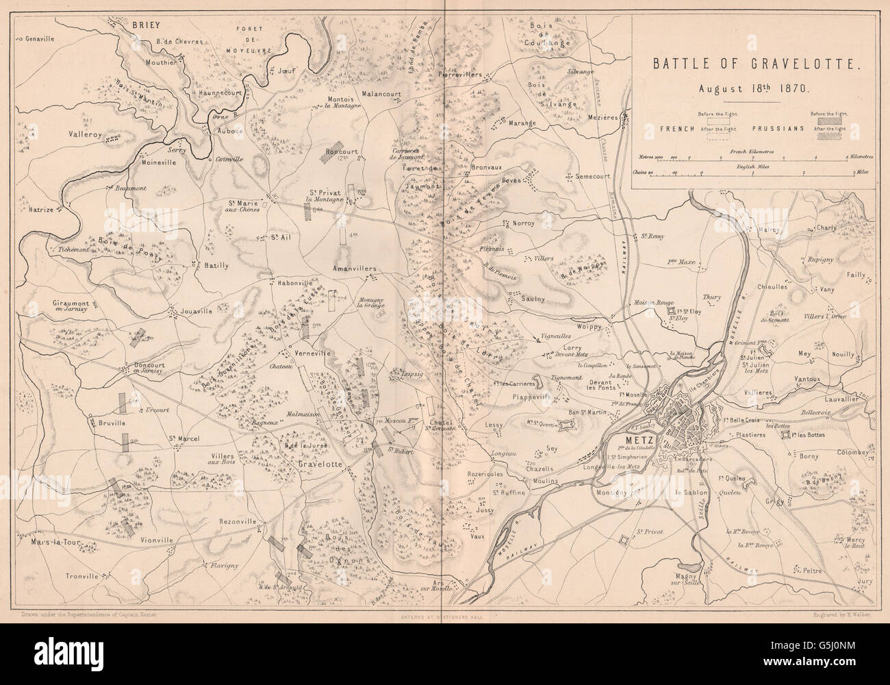 FRANCO-PRUSSIAN WAR: Battle of Gravelotte August 18 1870. Metz. Moselle 1875 map Stock Photo