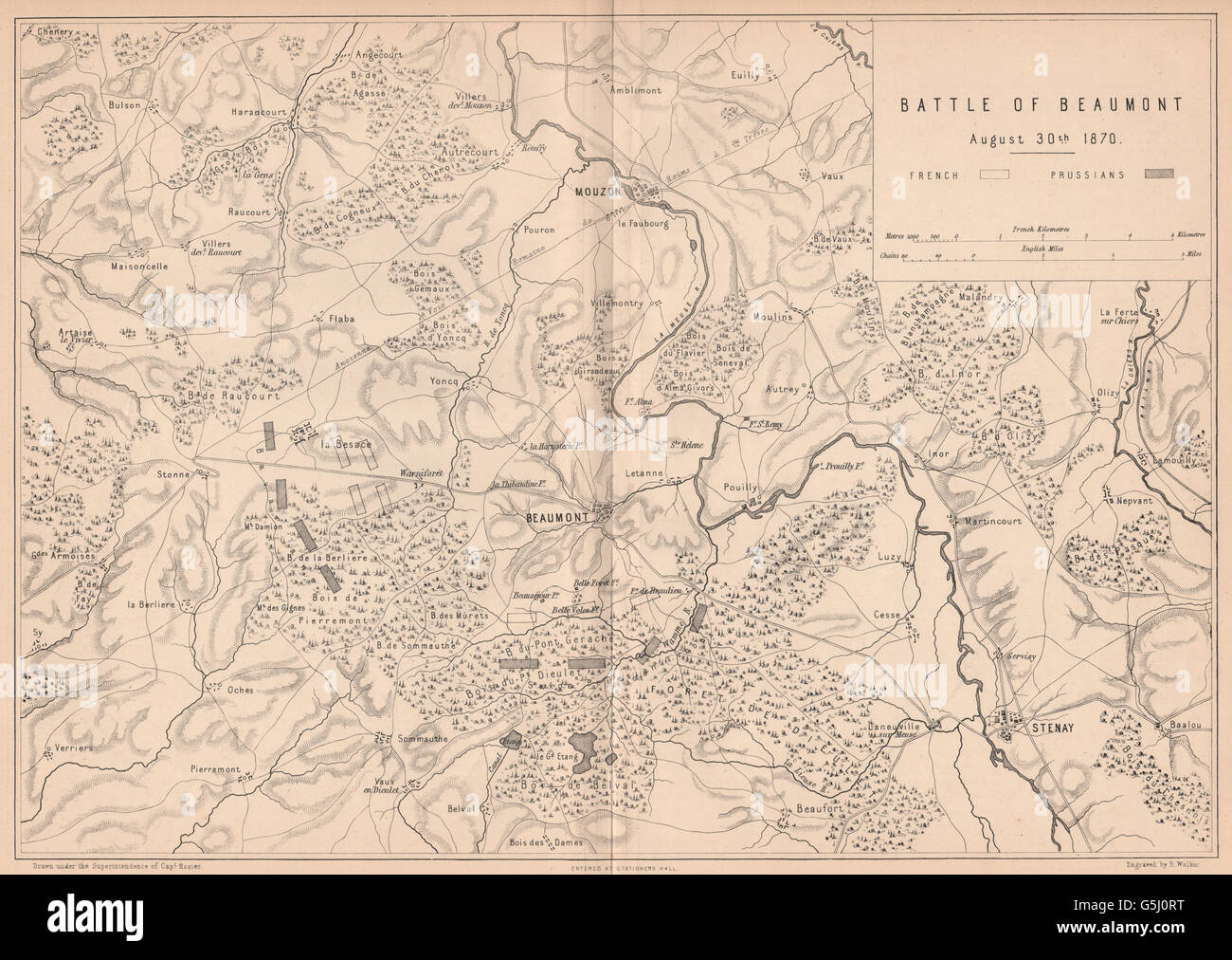 FRANCO-PRUSSIAN WAR: Battle of Beaumont-en-Argonne 1870. Mouzon Stenay, 1875 map Stock Photo