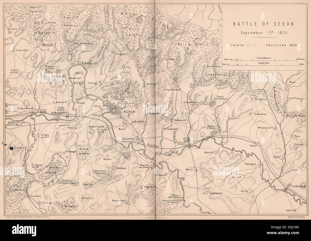 FRANCO-PRUSSIAN WAR: Battle of Sedan September 1870. Donchery Ardennes, 1875 map Stock Photo