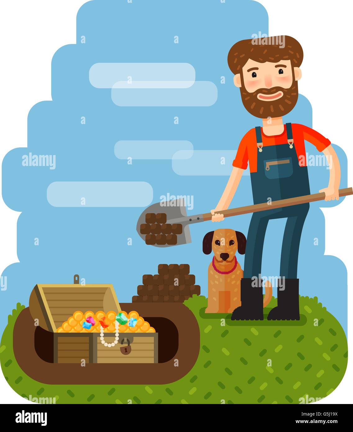 Treasure hunter, archaeologist, archeologist. Downshifter. Unexpected discovery vector illustration Stock Vector