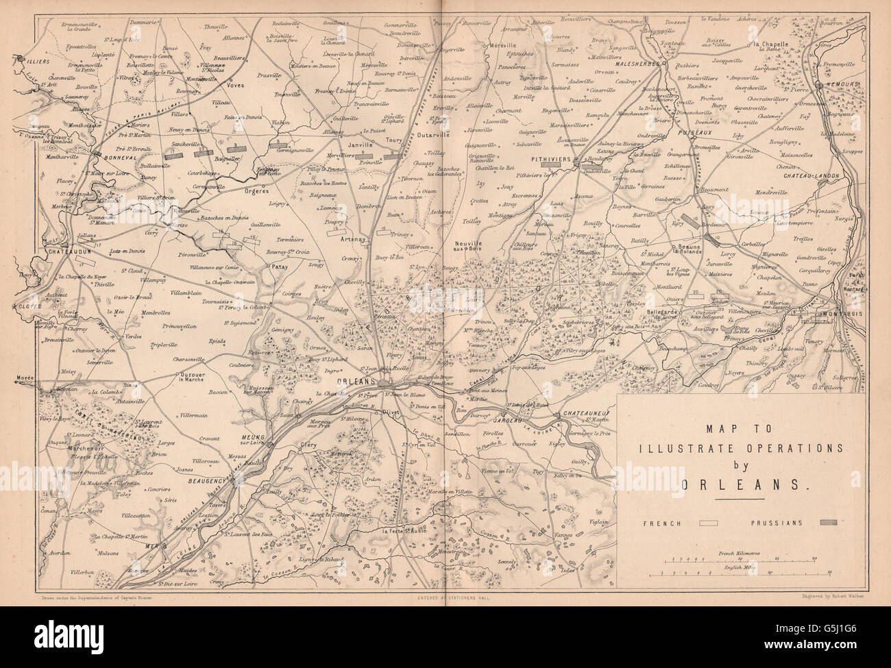 FRANCO-PRUSSIAN WAR: Operations around Orleans/Orléans. Loire valley, 1875 map Stock Photo