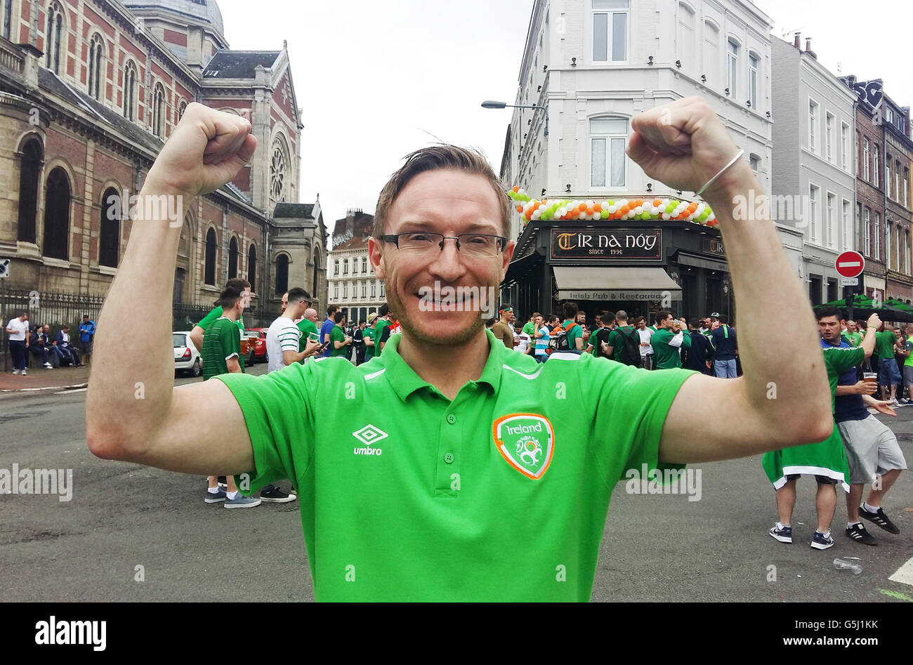 Alan Maxwell outside Irish pub in Lille, France, as the Irish fan who cycled 375 miles to get to Euro 2016 was saved by local French women who helped him when men tried to steal his bike. Stock Photo