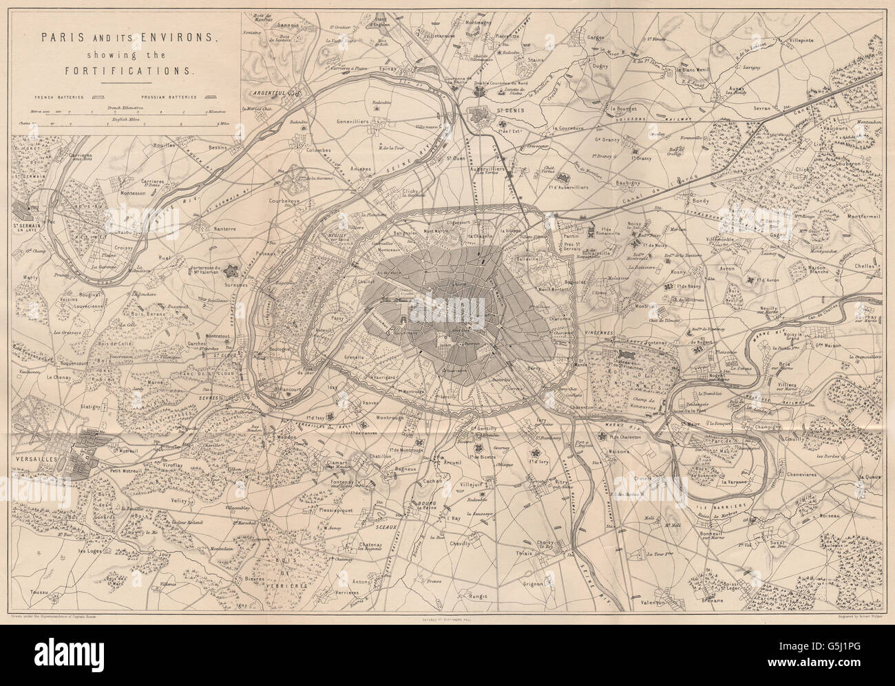 PARIS FORTIFICATIONS: Franco-Prussian War. Paris Environs. Versailles, 1875 map Stock Photo
