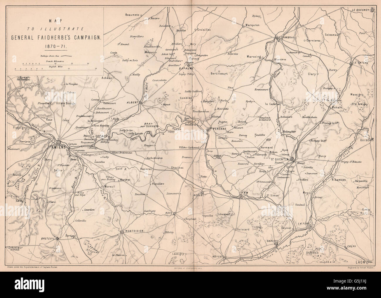 FRANCO-PRUSSIAN WAR: Gen. Faidherbe's Campaign 1870-71. Picardie Amiens 1875 map Stock Photo