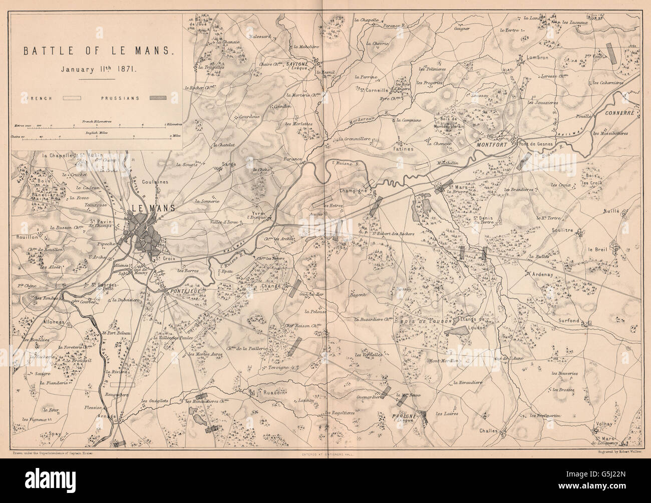FRANCO-PRUSSIAN WAR: Battle of Le Mans, January 11th 1871. Sarthe, 1875 map Stock Photo