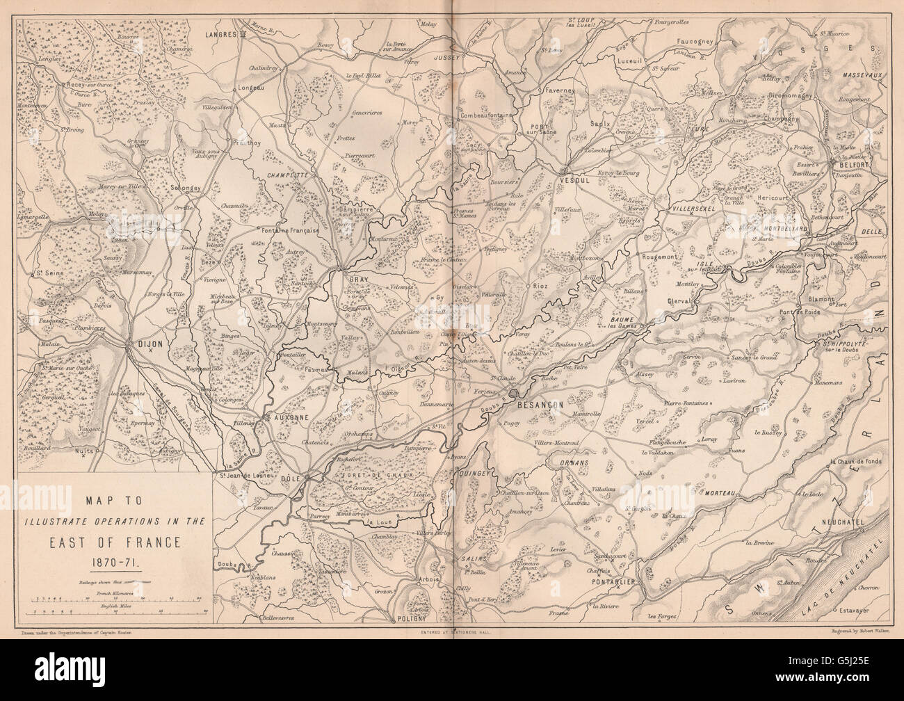 FRANCO-PRUSSIAN WAR 1870-71: Operations in Franche-Comté & Burgundy, 1875 map Stock Photo