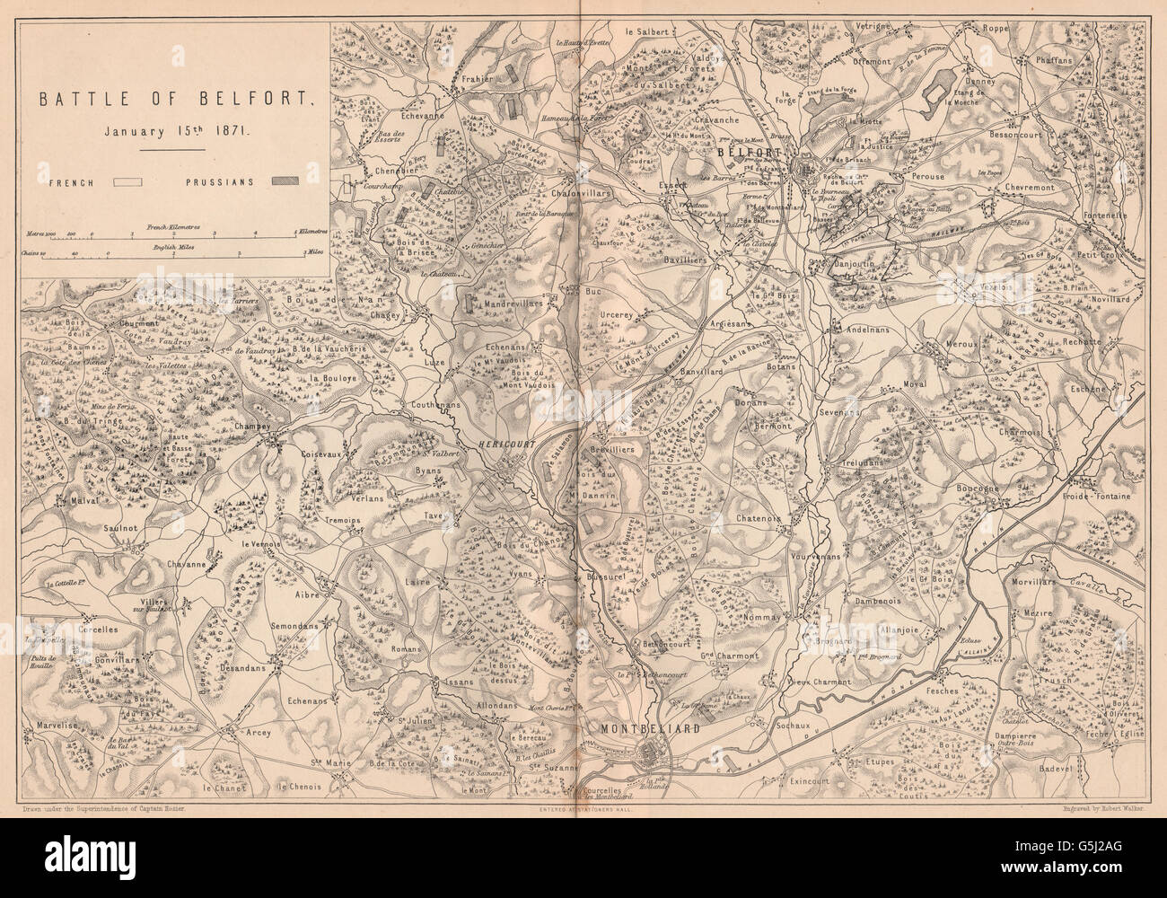 FRANCO-PRUSSIAN WAR: Battle of Belfort 1871. Montbeliard Franche-Comté, 1875 map Stock Photo