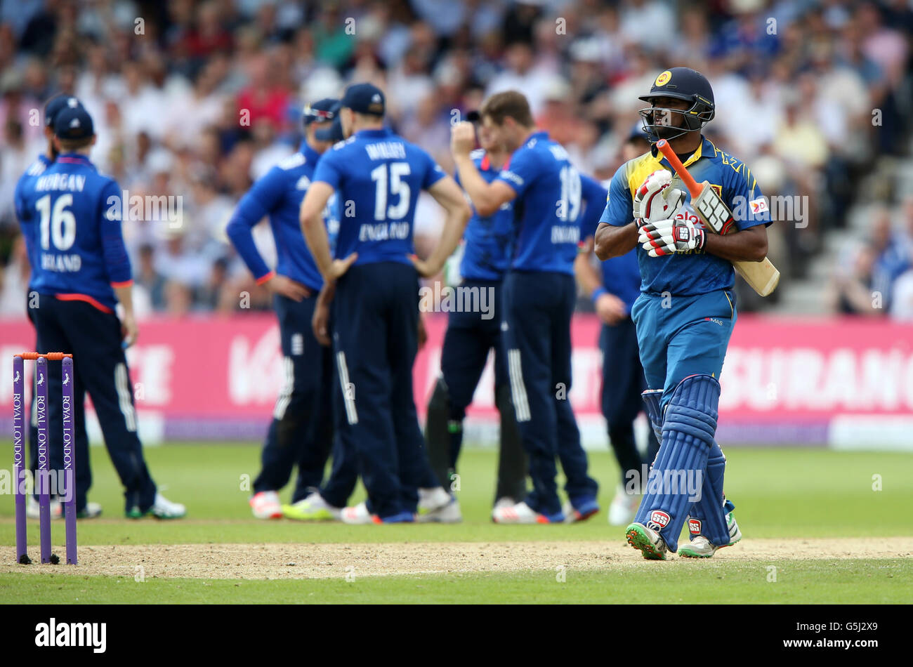 Sri Lanka's Seekkuge Prasanna walks off after being dismissed by England's Chris Woakes during the First One Day International at Trent Bridge, Nottingham. Stock Photo