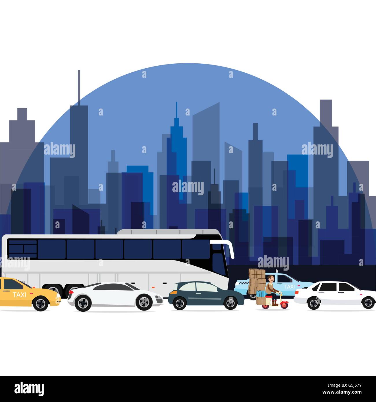 traffic jam around town cars bus and motorcycle lining with high rise building as background Stock Vector