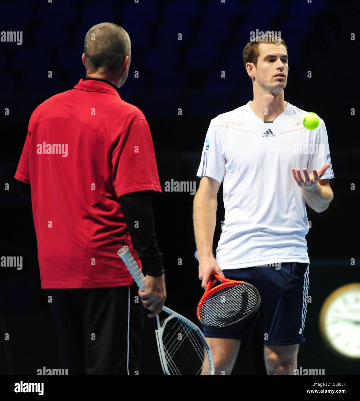 Great Britain's Andy Murray with his coach coach Ivan Lendl (left) during a practice session ahead of the Barclays ATP World Tour Finals at the O2 Arena, London. Stock Photo
