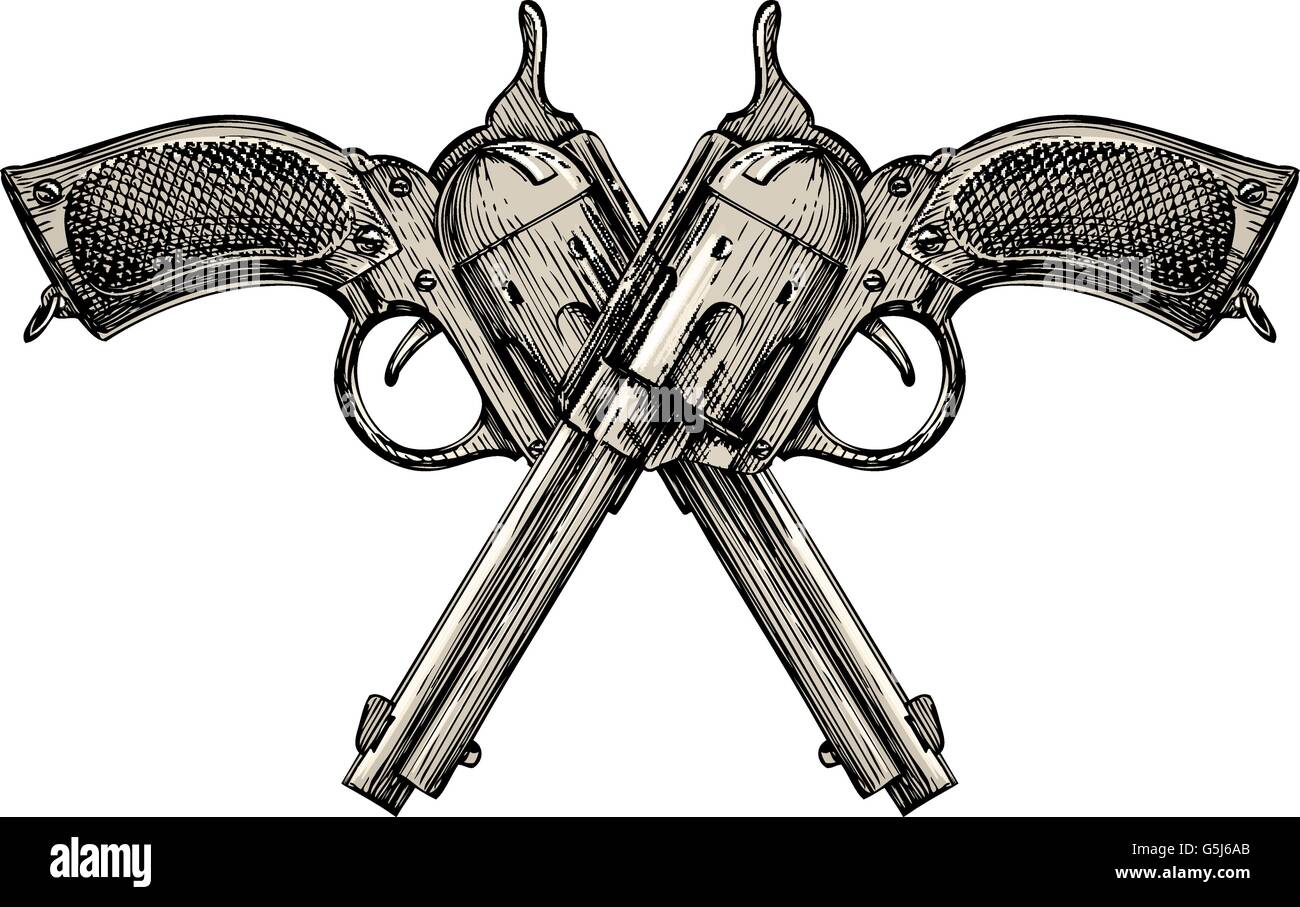 Crossed pistols. Vintage vector gun, pistol, handgun. Retro revolver Stock Vector