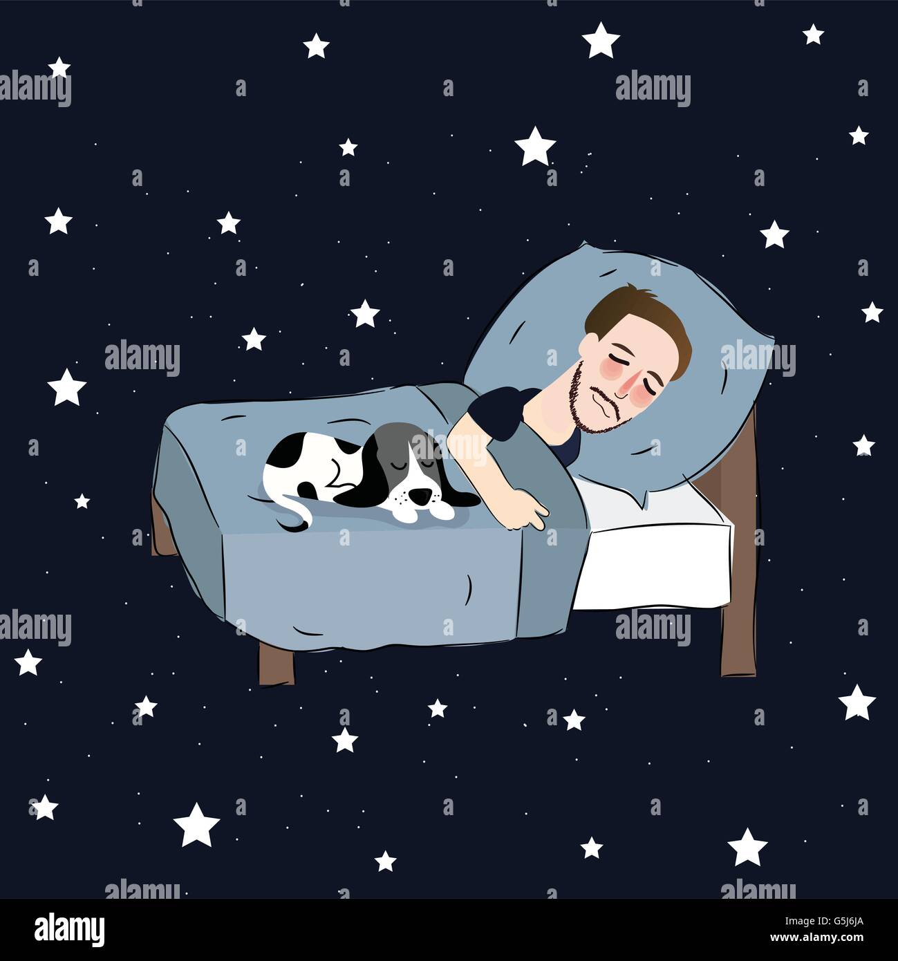 man sleeping in bed pillow together with puppies dreaming in blue stars