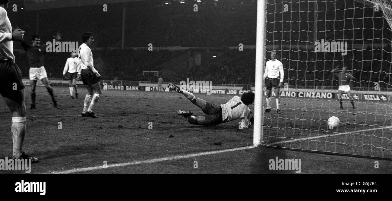 Italy's Fabio Capello (left, arms raised) scores the only goal of the England v Italy international match at Wembley Stadium. Stock Photo