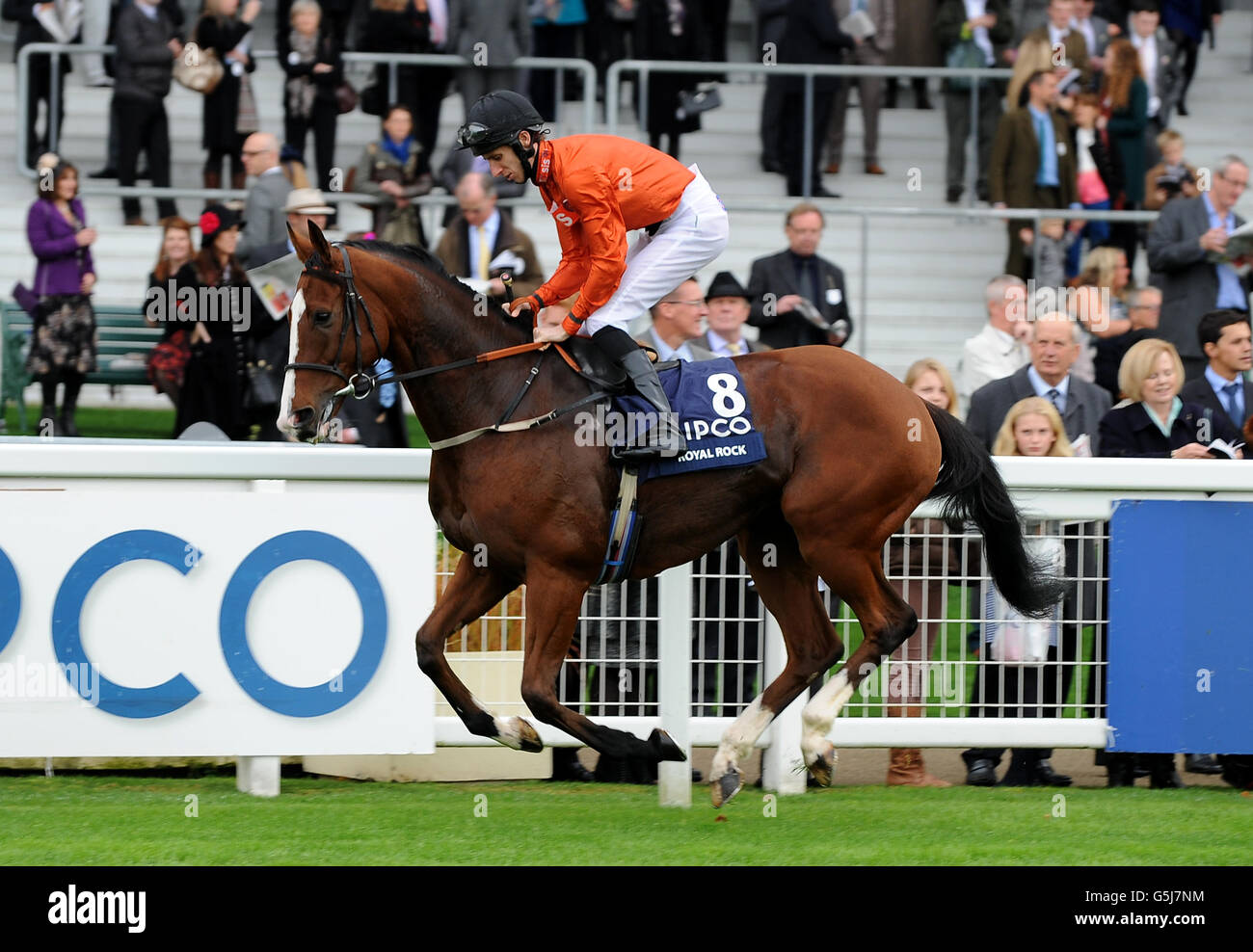 Royal Rock ridden by jockey George Baker goes to post for the Qipco British Champions Sprint Stakes Stock Photo