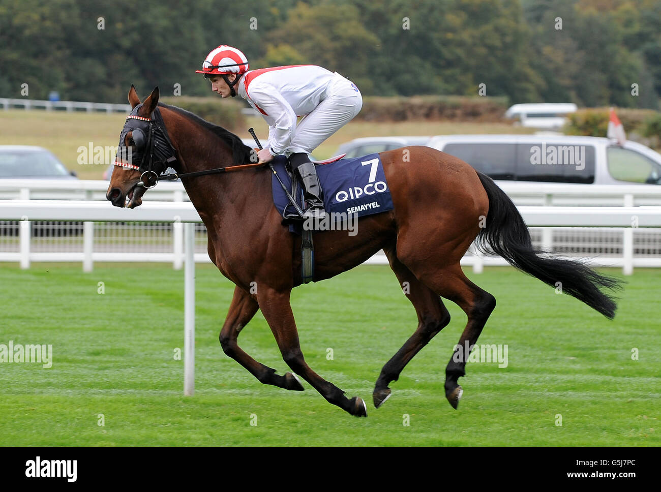 Semayyel ridden by jockey Frederik Tylicki goes to post for the Qipco British Champions Fillies' and Mares' Stakes Stock Photo
