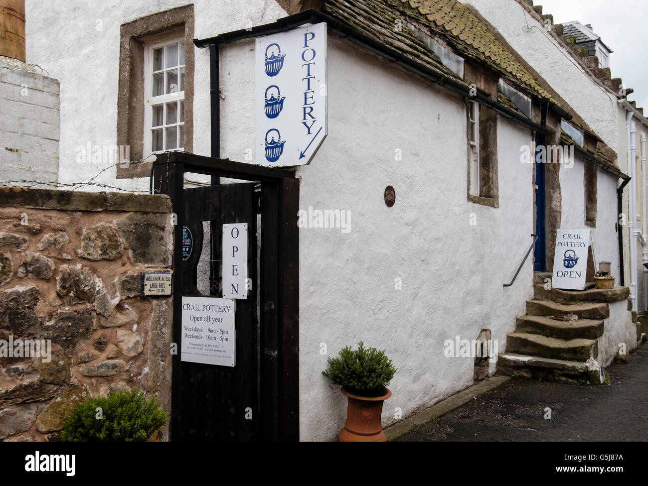 Crail Pottery entrance in traditional old cottage. Crail, East Neuk, Fife, Scotland, UK, Britain Stock Photo