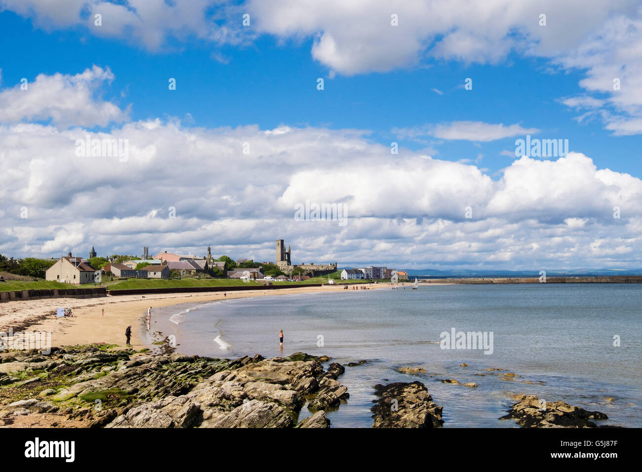 View along East Sands beach to town skyline from Fife Coastal Path in summer. Royal Burgh St Andrews Fife Scotland UK Britain Stock Photo