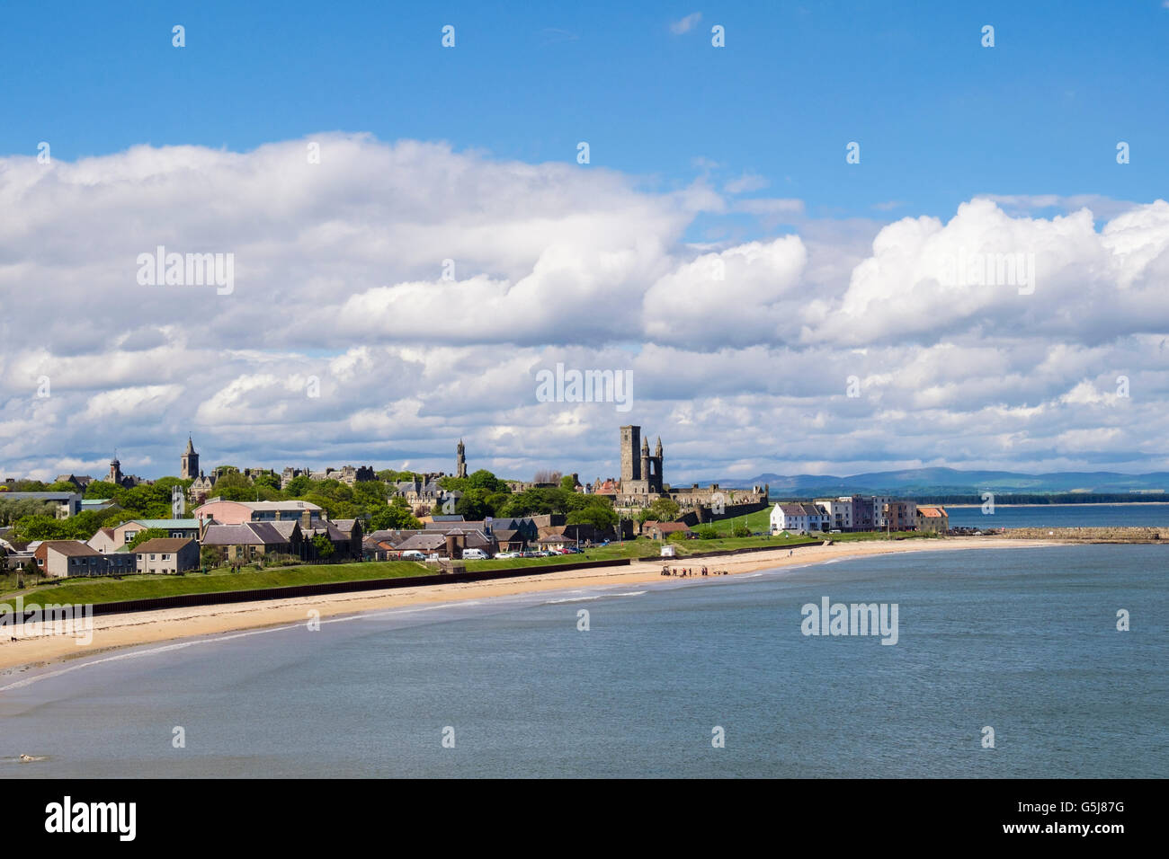 View to East Sands beach and town skyline on North Sea coast from Fife Coastal Path in summer. St Andrews Fife Scotland UK Stock Photo